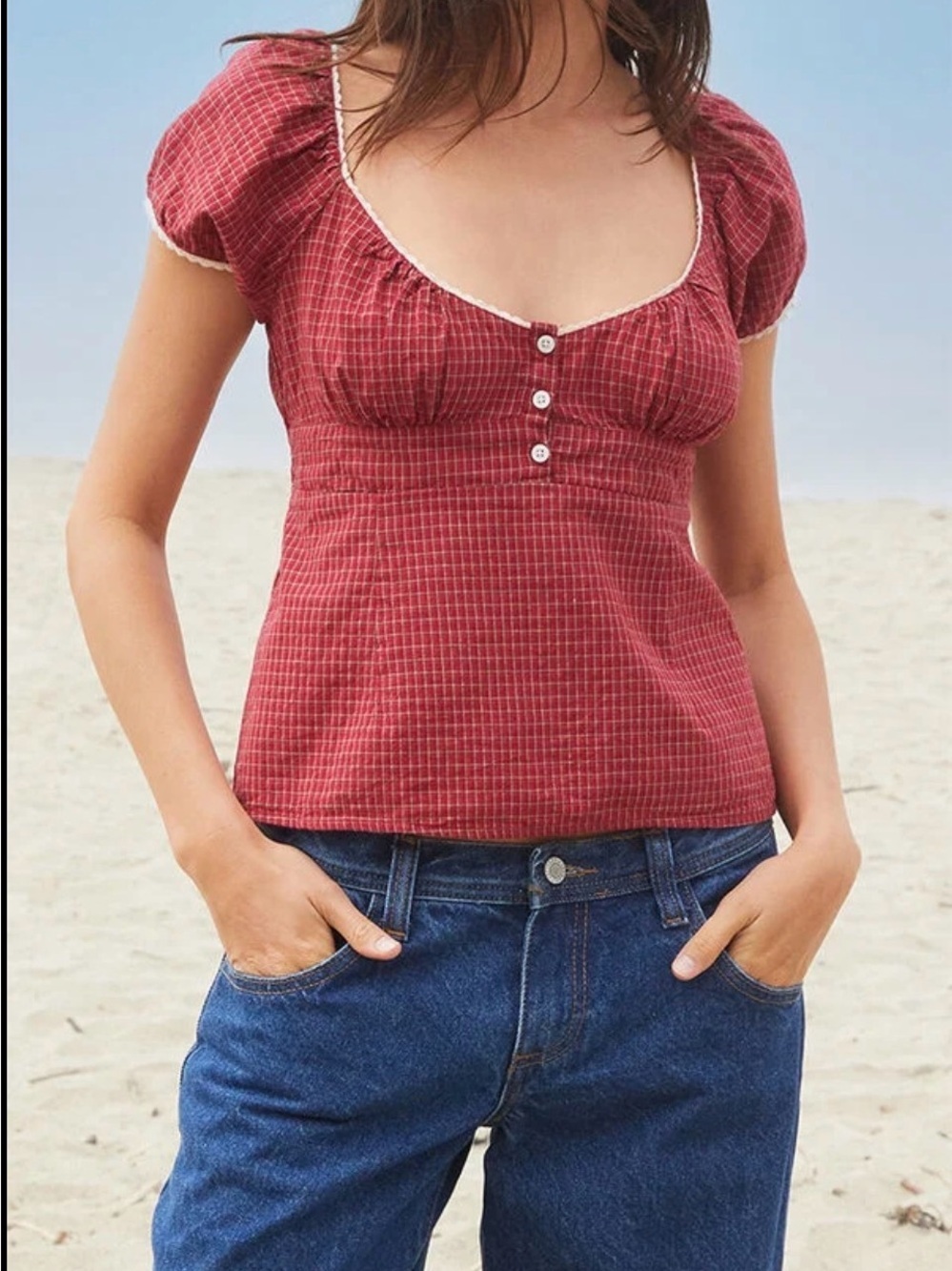 Brandy Melville Red Plaid Babydoll Top